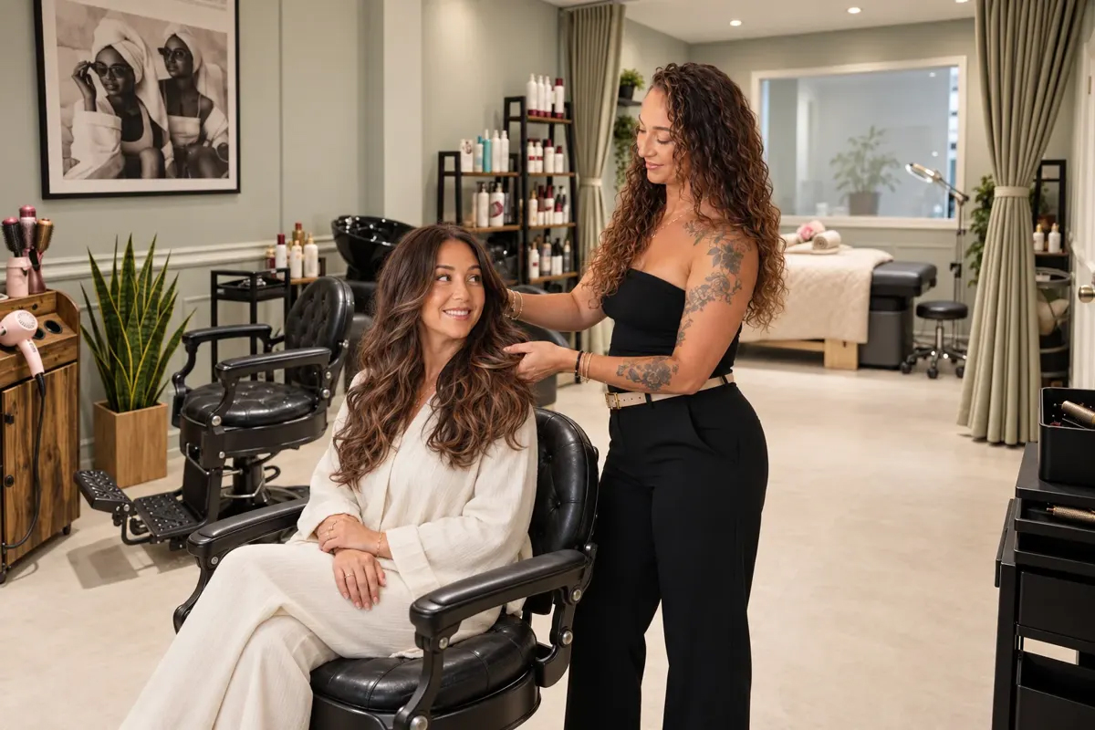 Michelle with a client after a hair extension transformation