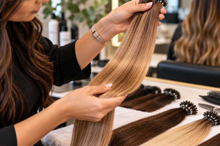 Professional hairstylist examining nano human hair extensions in a salon, holding smooth blonde hair strands with nano ring tips.