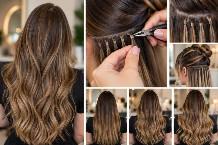 Nano hair extensions being installed with micro rings, showcasing long, voluminous brunette hair with caramel highlights and a before-and-after transformation.