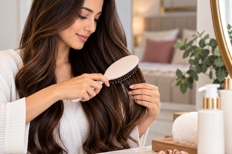 Woman gently brushing her long brunette hair with a soft-bristle brush, demonstrating proper nano hair extension care to prevent tangling and maintain smooth, healthy-looking hair.