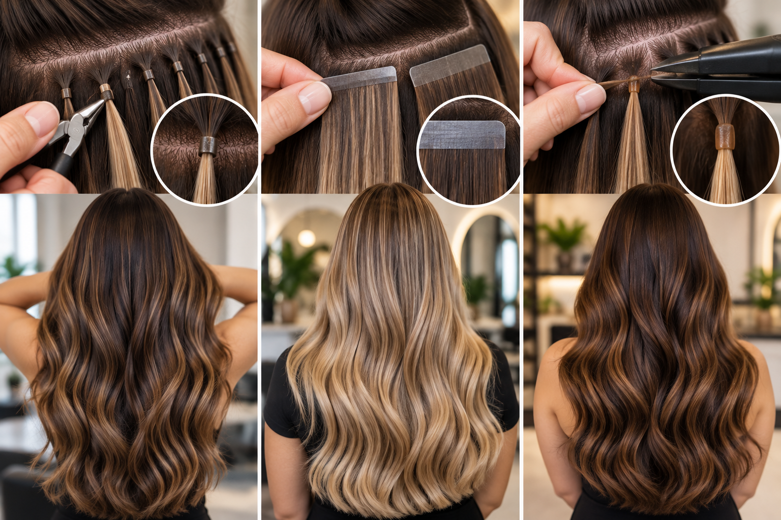 Comparison of nano ring, tape-in, and keratin bond hair extensions, showing application techniques and finished hairstyles.
